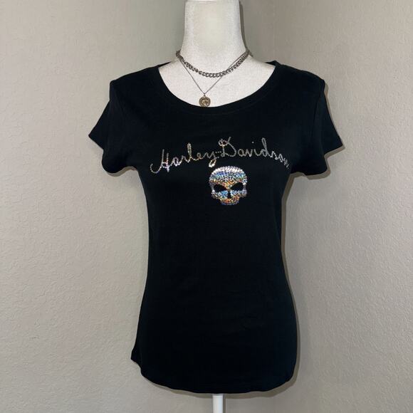 Harley-Davidson Biker Bling T-Shirt Womens Large Black Rhinestone Skull Pullover - Picture 1 of 10